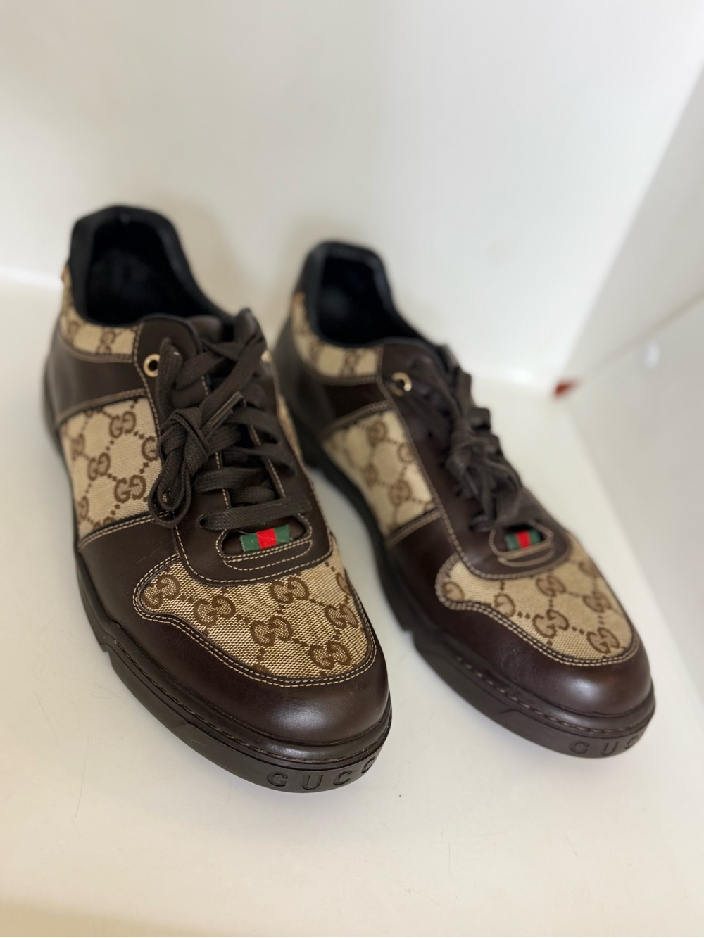 Gucci Brown GG Canvas & Dark Brown Leather Sneakers with Green-Red Web Size 8